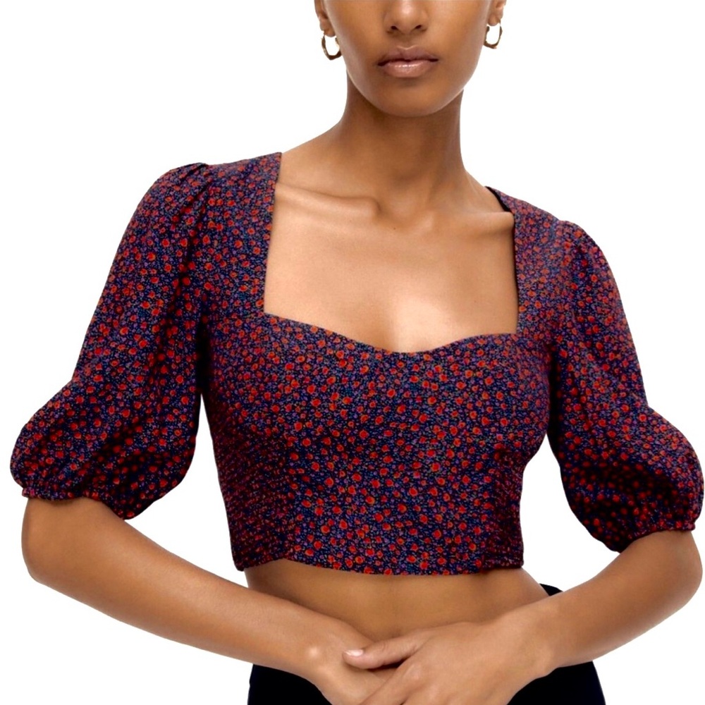 Zara Red and Blue Floral Puff Sleeve Blouse